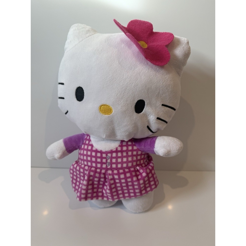 Hello Kitty 15" Plush Purple Gingham Dress  Flower Bow 2012 Stuffed Toy Fiesta